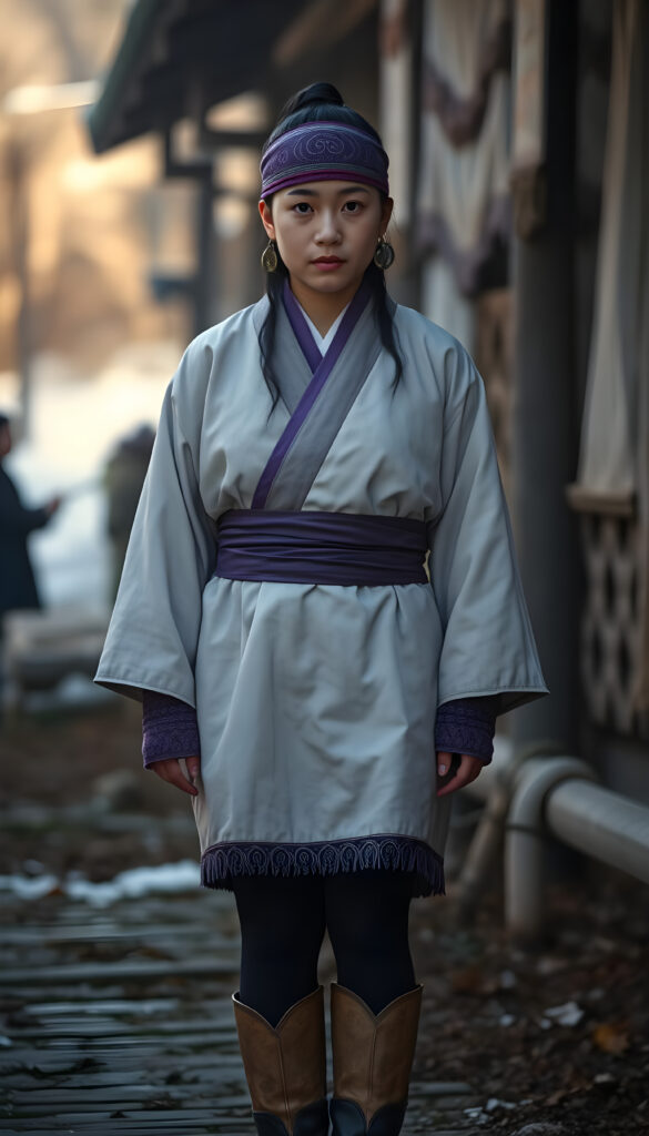 Asirpa wears a white Ainu robe made from bark called attus, complete with traditional swirling motif at the edges of the cloth over a purple band. Underneath she wears a purple kimono, which is tucked at the back. Asirpa wears dark leggings and deerskin boots called yukker. In cold weather Asirpa puts on a wolf fur mantle to cover herself in the wild. She also wears a number of accessories, most notably a purple embroidered headband with swirling motif called matanpushi, matching tekunpe hand coverings, and two ninkari earrings that she received as heirloom from her mother. In warmer weather, she can be seen wearing a rekutunpe necklace.