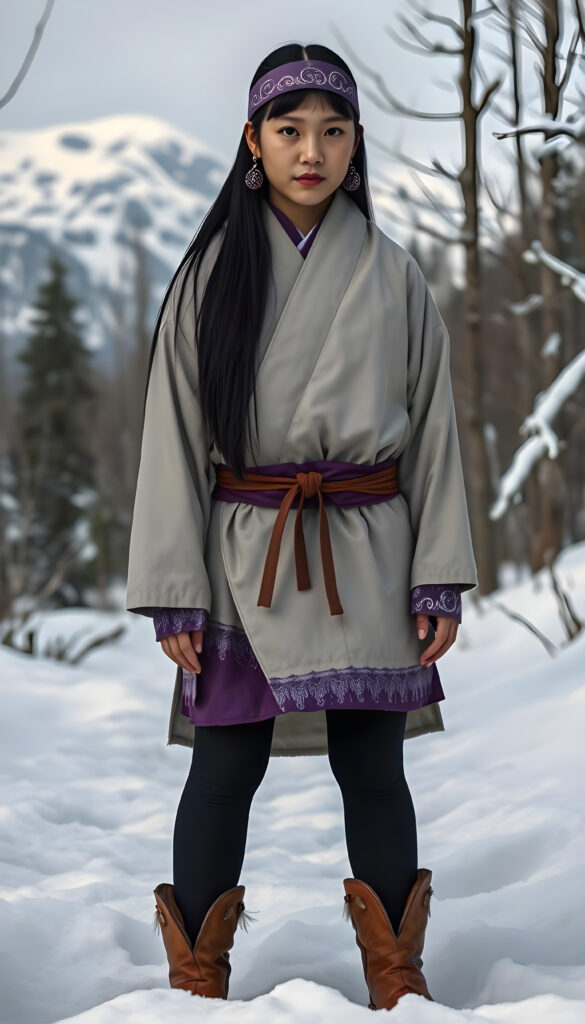 Asirpa wears a white Ainu robe made from bark called attus, complete with traditional swirling motif at the edges of the cloth over a purple band. Underneath she wears a purple kimono, which is tucked at the back. Asirpa wears dark leggings and deerskin boots called yukker. In cold weather Asirpa puts on a wolf fur mantle to cover herself in the wild. Long, straight black shiny hair falls down like a watherfall.