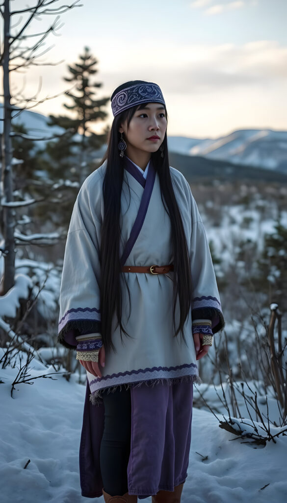 Asirpa wears a white Ainu robe made from bark called attus, complete with traditional swirling motif at the edges of the cloth over a purple band. Underneath she wears a purple kimono, which is tucked at the back. Asirpa wears dark leggings and deerskin boots called yukker. In cold weather Asirpa puts on a wolf fur mantle to cover herself in the wild. Long, straight black shiny hair falls down like a watherfall.
