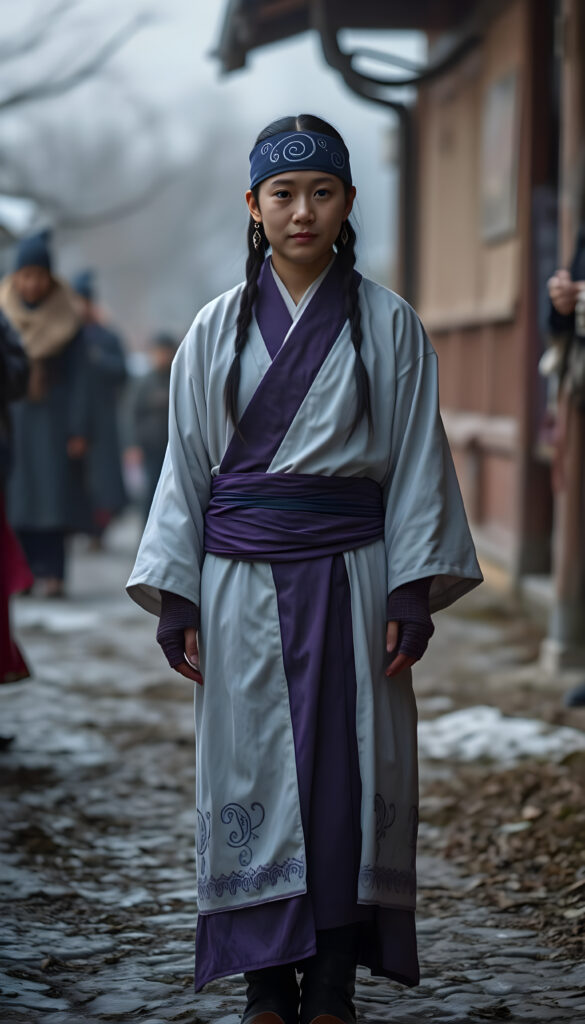 Asirpa wears a white Ainu robe made from bark called attus, complete with traditional swirling motif at the edges of the cloth over a purple band. Underneath she wears a purple kimono, which is tucked at the back. Asirpa wears dark leggings and deerskin boots called yukker. In cold weather Asirpa puts on a wolf fur mantle to cover herself in the wild. She also wears a number of accessories, most notably a purple embroidered headband with swirling motif called matanpushi, matching tekunpe hand coverings, and two ninkari earrings that she received as heirloom from her mother. In warmer weather, she can be seen wearing a rekutunpe necklace.