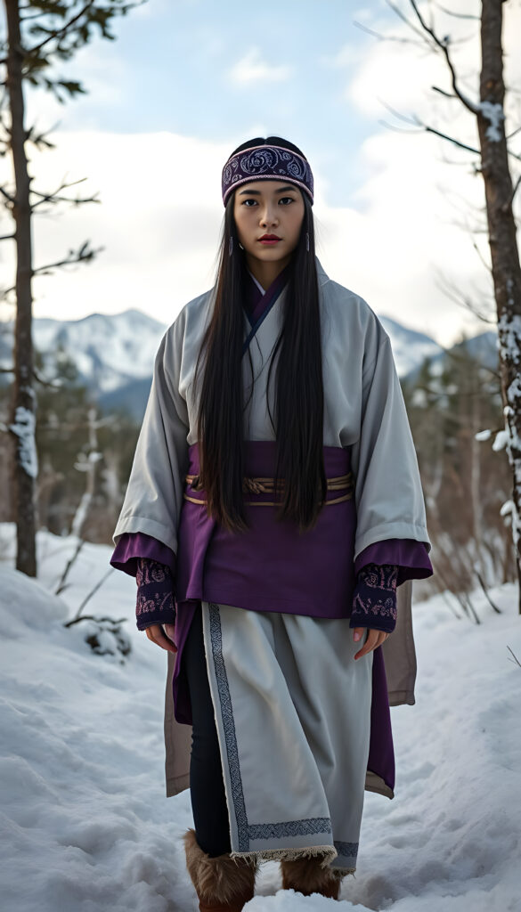 Asirpa wears a white Ainu robe made from bark called attus, complete with traditional swirling motif at the edges of the cloth over a purple band. Underneath she wears a purple kimono, which is tucked at the back. Asirpa wears dark leggings and deerskin boots called yukker. In cold weather Asirpa puts on a wolf fur mantle to cover herself in the wild. Long, straight black shiny hair falls down like a watherfall.