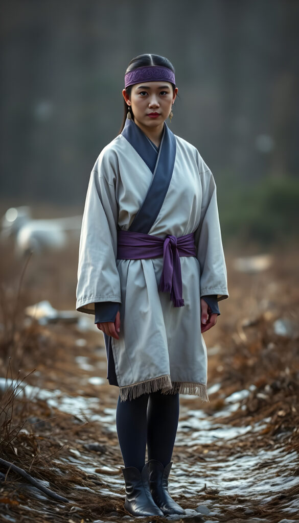 Asirpa wears a white Ainu robe made from bark called attus, complete with traditional swirling motif at the edges of the cloth over a purple band. Underneath she wears a purple kimono, which is tucked at the back. Asirpa wears dark leggings and deerskin boots called yukker. In cold weather Asirpa puts on a wolf fur mantle to cover herself in the wild. She also wears a number of accessories, most notably a purple embroidered headband with swirling motif called matanpushi, matching tekunpe hand coverings, and two ninkari earrings that she received as heirloom from her mother. In warmer weather, she can be seen wearing a rekutunpe necklace.