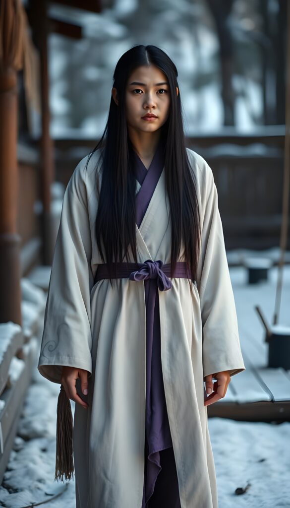 Asirpa wears a white Ainu robe made from bark called attus, complete with traditional swirling motif at the edges of the cloth over a purple band. Underneath she wears a purple kimono, which is tucked at the back. Asirpa wears dark leggings and deerskin boots called yukker. In cold weather Asirpa puts on a wolf fur mantle to cover herself in the wild. Long, straight black shiny hair falls down like a watherfall.