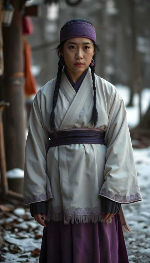 Asirpa wears a white Ainu robe made from bark called attus, complete with traditional swirling motif at the edges of the cloth over a purple band. Underneath she wears a purple kimono, which is tucked at the back. Asirpa wears dark leggings and deerskin boots called yukker. In cold weather Asirpa puts on a wolf fur mantle to cover herself in the wild. She also wears a number of accessories, most notably a purple embroidered headband with swirling motif called matanpushi, matching tekunpe hand coverings, and two ninkari earrings that she received as heirloom from her mother. In warmer weather, she can be seen wearing a rekutunpe necklace.