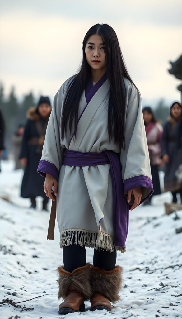 Asirpa wears a white Ainu robe made from bark called attus, complete with traditional swirling motif at the edges of the cloth over a purple band. Underneath she wears a purple kimono, which is tucked at the back. Asirpa wears dark leggings and deerskin boots called yukker. In cold weather Asirpa puts on a wolf fur mantle to cover herself in the wild. Long, straight black shiny hair falls down like a watherfall.