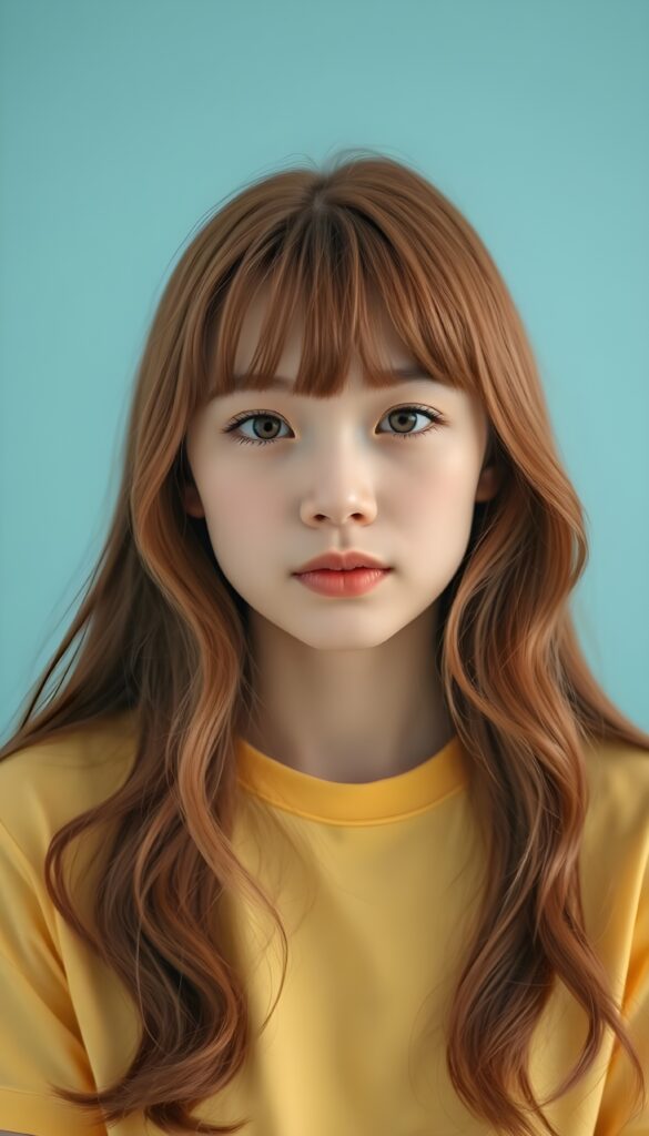 Close up portrait from a sweet little woman wearing a yellow plain uni t-shirt, long, straight soft wavy hair frame her round face in a perfect bangs cut—her red hair with brown highlights looks wonderful. Plain light blue studio background.