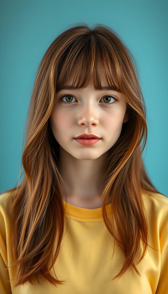 Close up portrait from a sweet little woman wearing a yellow plain uni t-shirt, long, straight soft wavy hair frame her round face in a perfect bangs cut—her red hair with brown highlights looks wonderful. Plain light blue studio background.