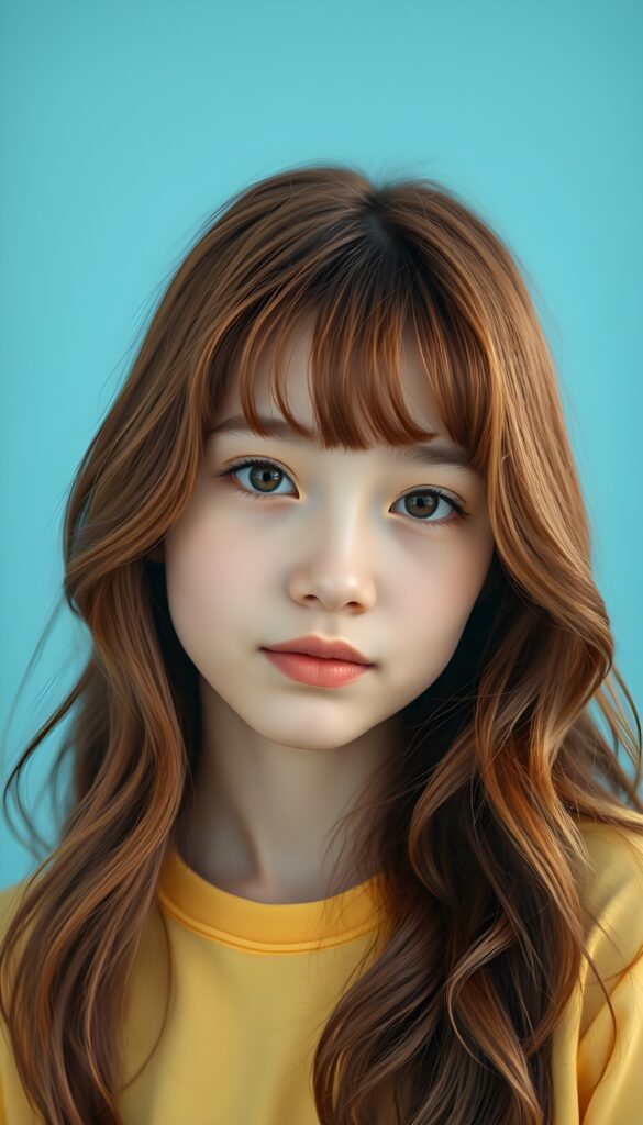 Close up portrait from a sweet little woman wearing a yellow plain uni t-shirt, long, straight soft wavy hair frame her round face in a perfect bangs cut—her red hair with brown highlights looks wonderful. Plain light blue studio background.