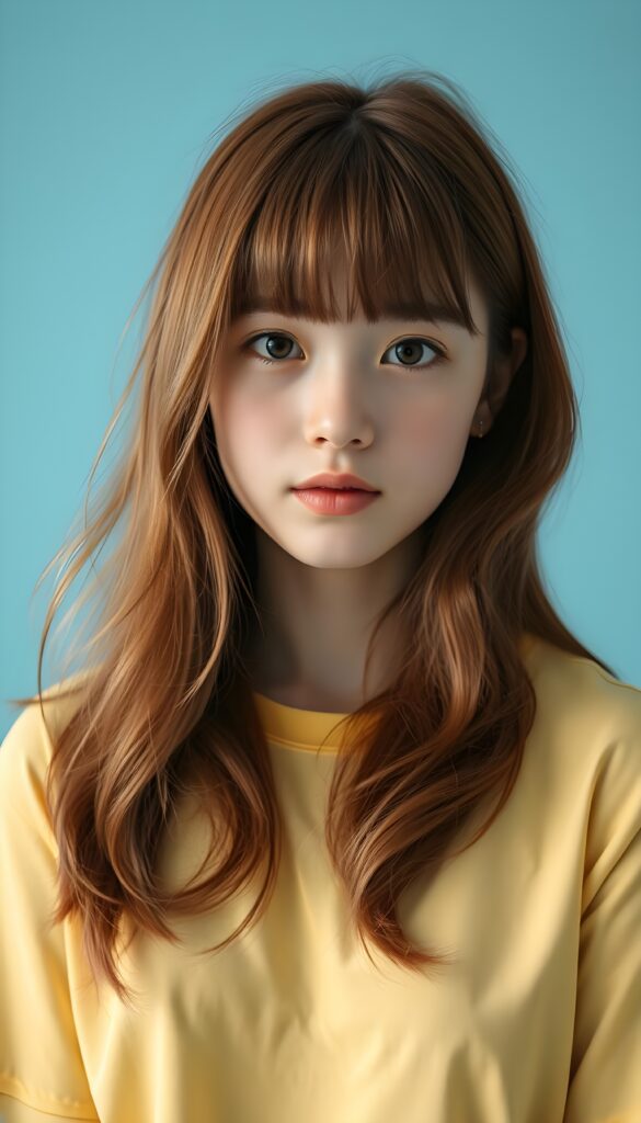 Close up portrait from a sweet little woman wearing a yellow plain uni t-shirt, long, straight soft wavy hair frame her round face in a perfect bangs cut—her red hair with brown highlights looks wonderful. Plain light blue studio background.