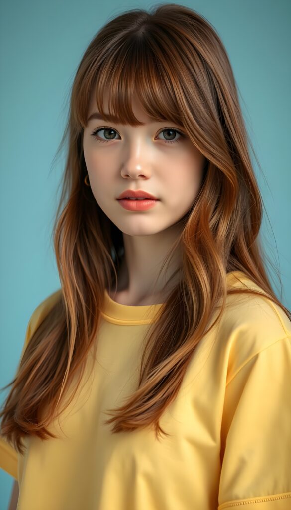 Close up portrait from a sweet little woman wearing a yellow plain uni t-shirt, long, straight soft wavy hair frame her round face in a perfect bangs cut—her red hair with brown highlights looks wonderful. Plain light blue studio background.