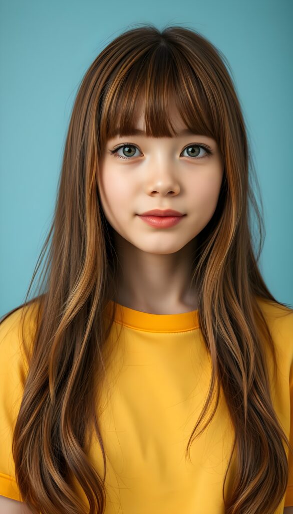 Close up portrait from a sweet little woman wearing a yellow plain uni t-shirt, long, straight soft wavy hair frame her round face in a perfect bangs cut—her red hair with brown highlights looks wonderful. Plain light blue studio background.