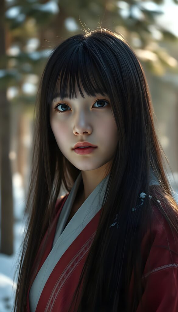 Create a hyperrealistic image of a young woman named Asirpa, inspired by anime style, with long black super straight hair and traditional Ainu clothing. She stands in a peaceful, snow-covered forest with pine trees and soft morning light. The background shows gentle mist and natural details. Use a warm color palette with detailed focus on the face.