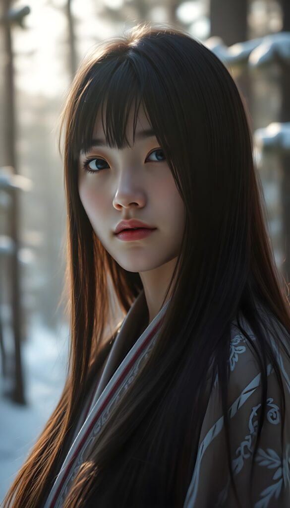 Create a hyperrealistic image of a young woman named Asirpa, inspired by anime style, with long black super straight hair and traditional Ainu clothing. She stands in a peaceful, snow-covered forest with pine trees and soft morning light. The background shows gentle mist and natural details. Use a warm color palette with detailed focus on the face.
