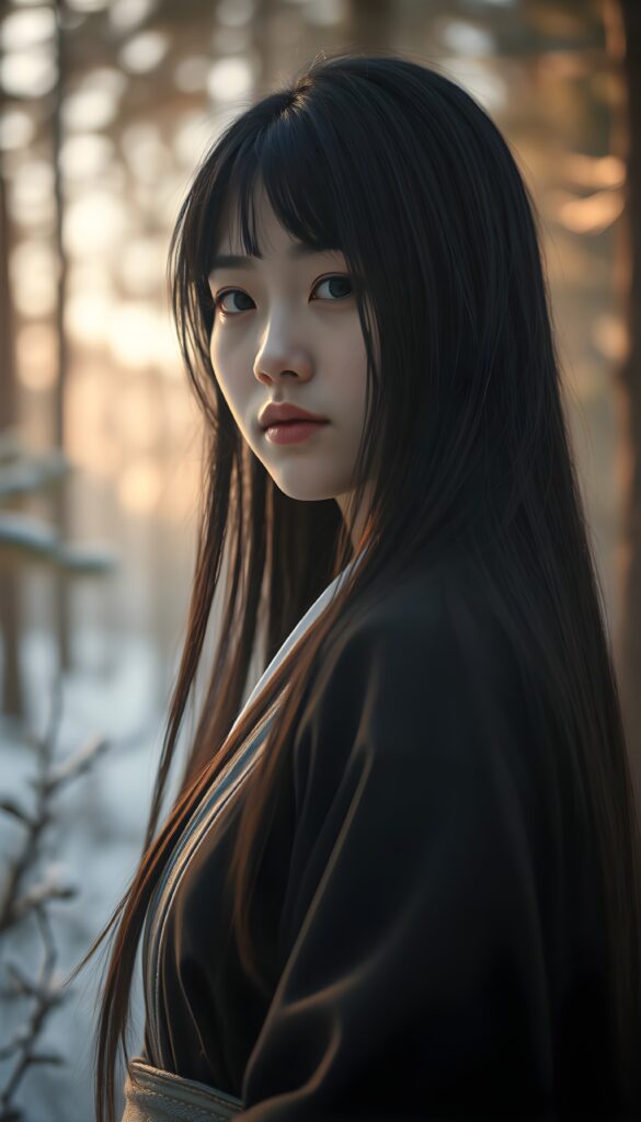 Create a hyperrealistic image of a young woman named Asirpa, inspired by anime style, with long black super straight hair and traditional Ainu clothing. She stands in a peaceful, snow-covered forest with pine trees and soft morning light. The background shows gentle mist and natural details. Use a warm color palette with detailed focus on the face.