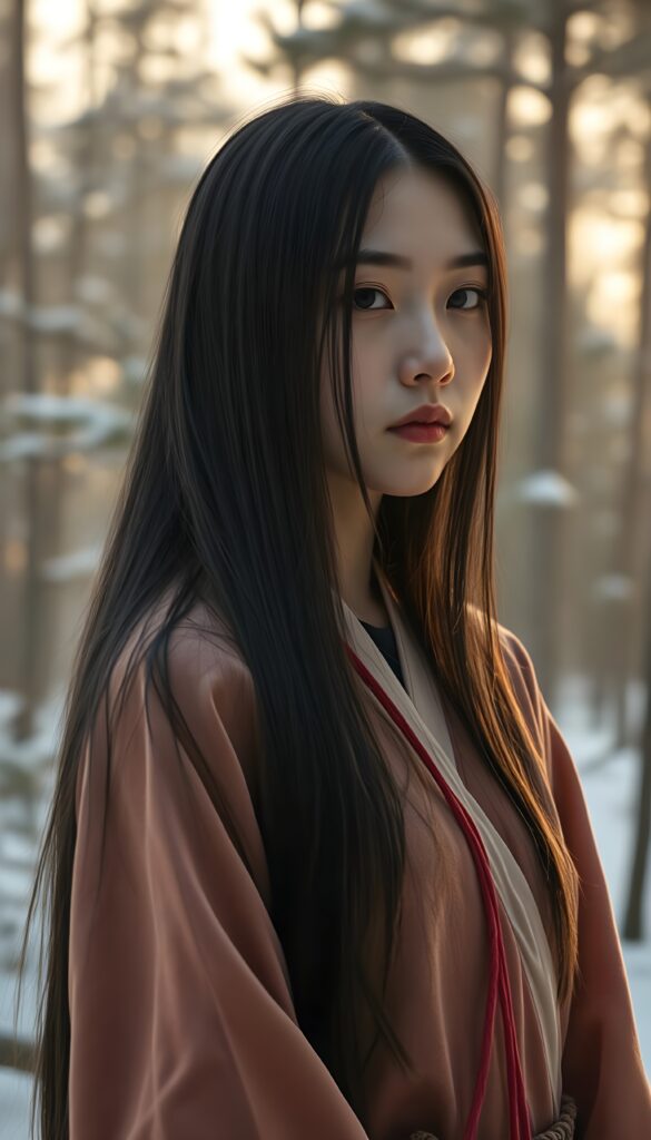 Create a hyperrealistic image of a young woman named Asirpa, inspired by anime style, with long black super straight hair and traditional Ainu clothing. She stands in a peaceful, snow-covered forest with pine trees and soft morning light. The background shows gentle mist and natural details. Use a warm color palette with detailed focus on the face.