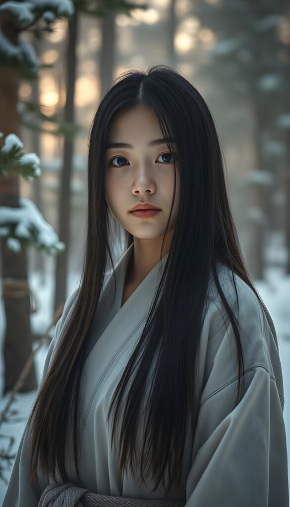 Create a hyperrealistic image of a young woman named Asirpa, inspired by anime style, with long black super straight hair and traditional Ainu clothing. She stands in a peaceful, snow-covered forest with pine trees and soft morning light. The background shows gentle mist and natural details. Use a warm color palette with detailed focus on the face.