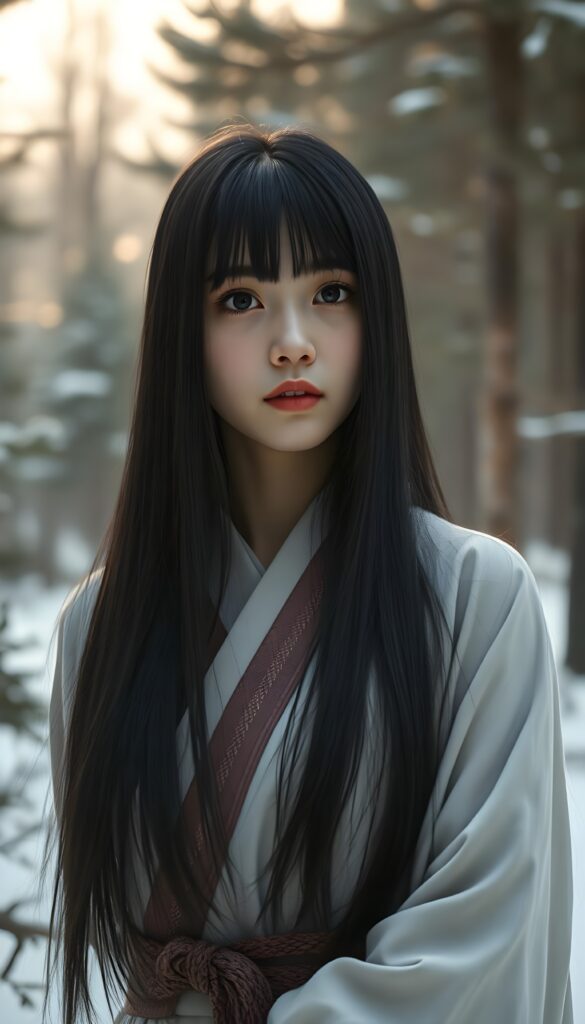 Create a hyperrealistic image of a young woman named Asirpa, inspired by anime style, with long black super straight hair and traditional Ainu clothing. She stands in a peaceful, snow-covered forest with pine trees and soft morning light. The background shows gentle mist and natural details. Use a warm color palette with detailed focus on the face.