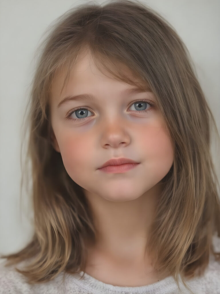 Create a realistic image of a young girl with friendly facial features, natural super realistic straight brown hair, and intricate details in her features that make her look serene and happy. Maintain a non-exploitative context, with a soft light shining on her face and creating a warm, inviting glow around her. Her skin should have a natural texture, with freckles that match the tone of her skin and enhance her youthful appearance. The background should be neutral and clear, emphasizing the natural beauty of the moment and the girl's friendly expression and natural looking hair and eyes.
