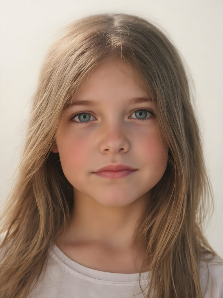 Create a realistic image of a young girl with friendly facial features, natural super realistic straight brown hair, and intricate details in her features that make her look serene and happy. Maintain a non-exploitative context, with a soft light shining on her face and creating a warm, inviting glow around her. Her skin should have a natural texture, with freckles that match the tone of her skin and enhance her youthful appearance. The background should be neutral and clear, emphasizing the natural beauty of the moment and the girl's friendly expression and natural looking hair and eyes.