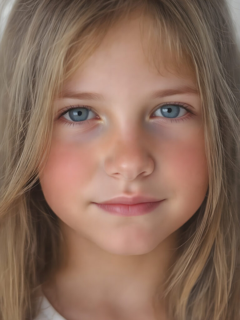 Create a realistic image of a young girl with friendly facial features, natural super realistic straight brown hair, and intricate details in her features that make her look serene and happy. Maintain a non-exploitative context, with a soft light shining on her face and creating a warm, inviting glow around her. Her skin should have a natural texture, with freckles that match the tone of her skin and enhance her youthful appearance. The background should be neutral and clear, emphasizing the natural beauty of the moment and the girl's friendly expression and natural looking hair and eyes.