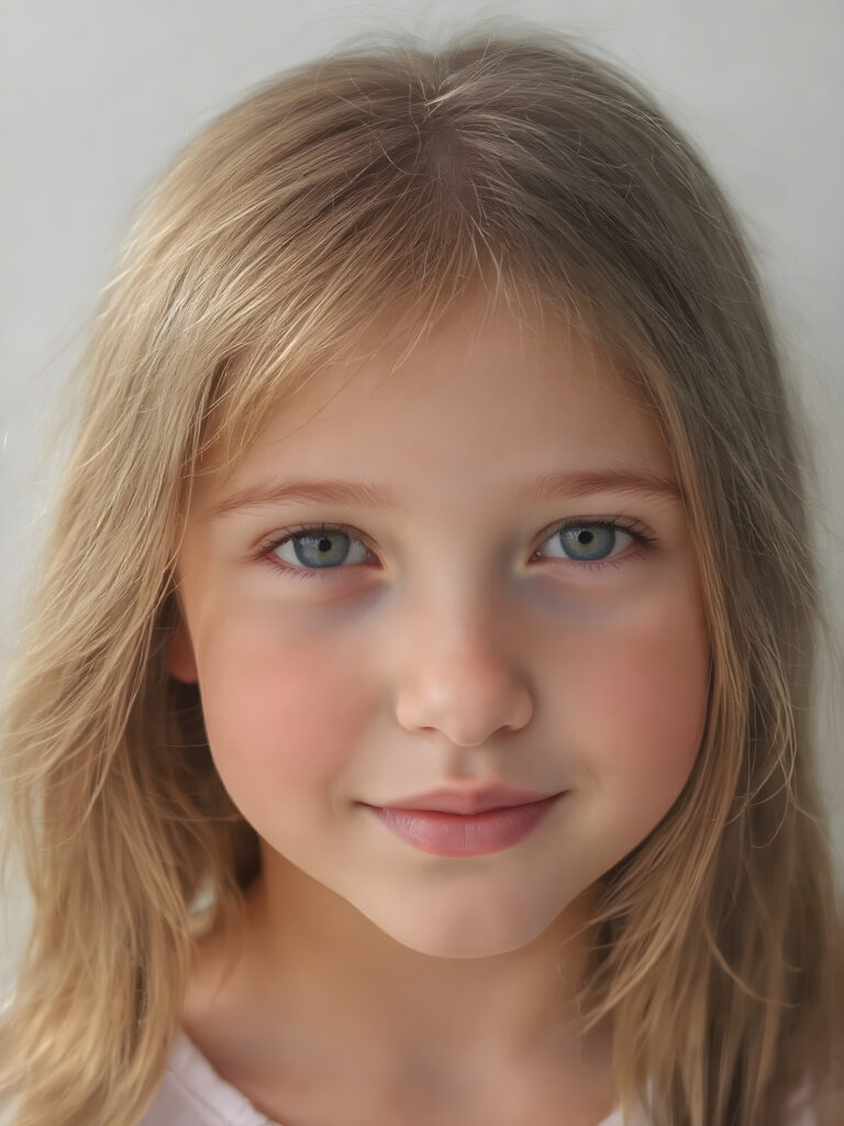 Create a realistic image of a young girl with friendly facial features, natural super realistic straight brown hair, and intricate details in her features that make her look serene and happy. Maintain a non-exploitative context, with a soft light shining on her face and creating a warm, inviting glow around her. Her skin should have a natural texture, with freckles that match the tone of her skin and enhance her youthful appearance. The background should be neutral and clear, emphasizing the natural beauty of the moment and the girl's friendly expression and natural looking hair and eyes.