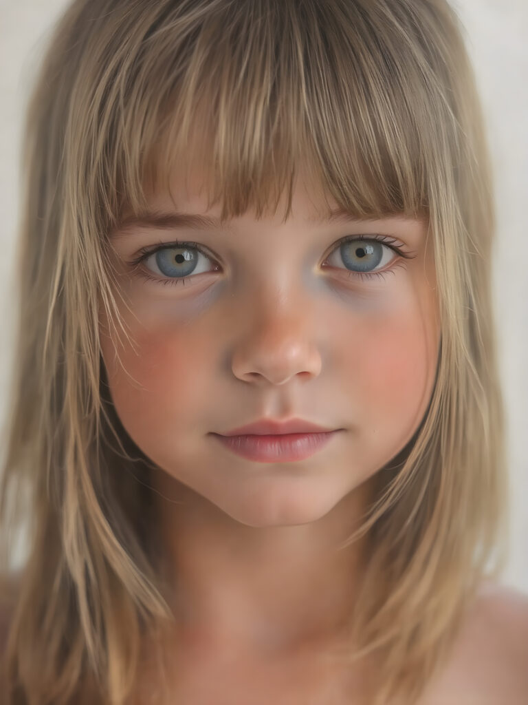 Create a realistic image of a young girl with friendly facial features, natural super realistic straight brown hair, and intricate details in her features that make her look serene and happy. Maintain a non-exploitative context, with a soft light shining on her face and creating a warm, inviting glow around her. Her skin should have a natural texture, with freckles that match the tone of her skin and enhance her youthful appearance. The background should be neutral and clear, emphasizing the natural beauty of the moment and the girl's friendly expression and natural looking hair and eyes.