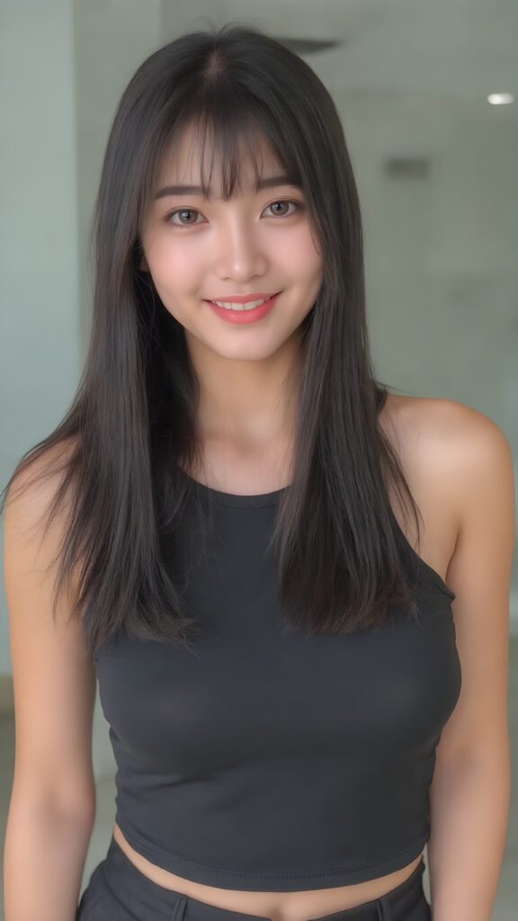 Create a (((stunningly gorgeous young Asian Korean girl))), with flowing, (((crystal-clear skin))), and (((adorable eyes))), ((black straight jet soft hair)), bangs, dressed in a sleek, (((black top))), paired with ((short shorts)), in a k-pop style, posed confidently with a warm smile