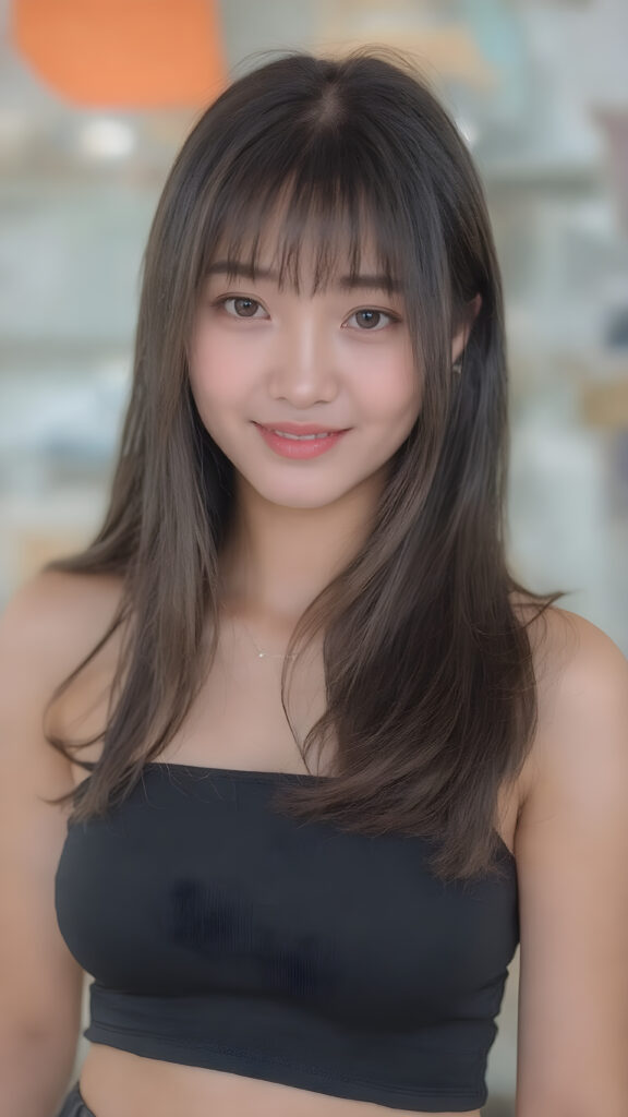 Create a (((stunningly gorgeous young Asian Korean girl))), with flowing, (((crystal-clear skin))), and (((adorable eyes))), ((black straight jet soft hair)), bangs, dressed in a sleek, (((black top))), paired with ((short shorts)), in a k-pop style, posed confidently with a warm smile