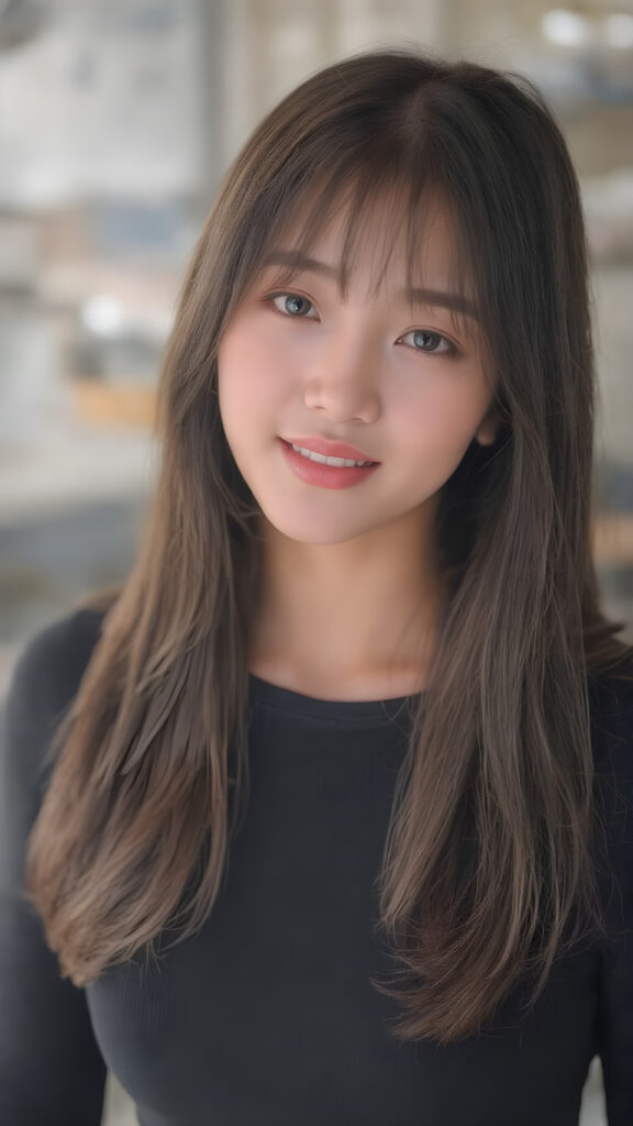 Create a (((stunningly gorgeous young Asian Korean girl))), with flowing, (((crystal-clear skin))), and (((adorable eyes))), ((black straight jet soft hair)), bangs, dressed in a sleek, (((black top))), paired with ((short shorts)), in a k-pop style, posed confidently with a warm smile
