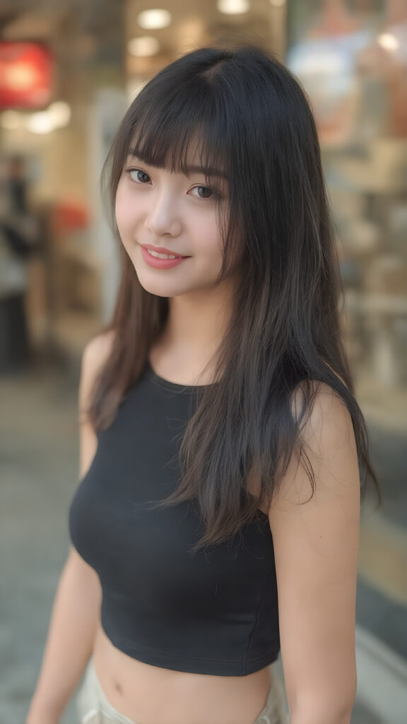 Create a (((stunningly gorgeous young Asian Korean girl))), with flowing, (((crystal-clear skin))), and (((adorable eyes))), ((black straight jet soft hair)), bangs, dressed in a sleek, (((black top))), paired with ((short shorts)), in a k-pop style, posed confidently with a warm smile