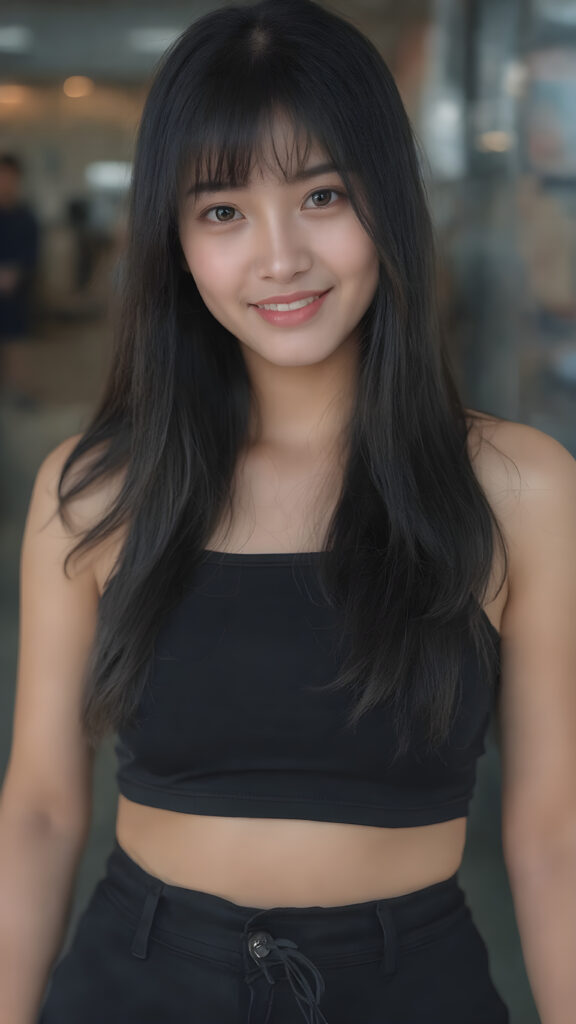 Create a (((stunningly gorgeous young Asian Korean girl))), with flowing, (((crystal-clear skin))), and (((adorable eyes))), ((black straight jet soft hair)), bangs, dressed in a sleek, (((black top))), paired with ((short shorts)), in a k-pop style, posed confidently with a warm smile