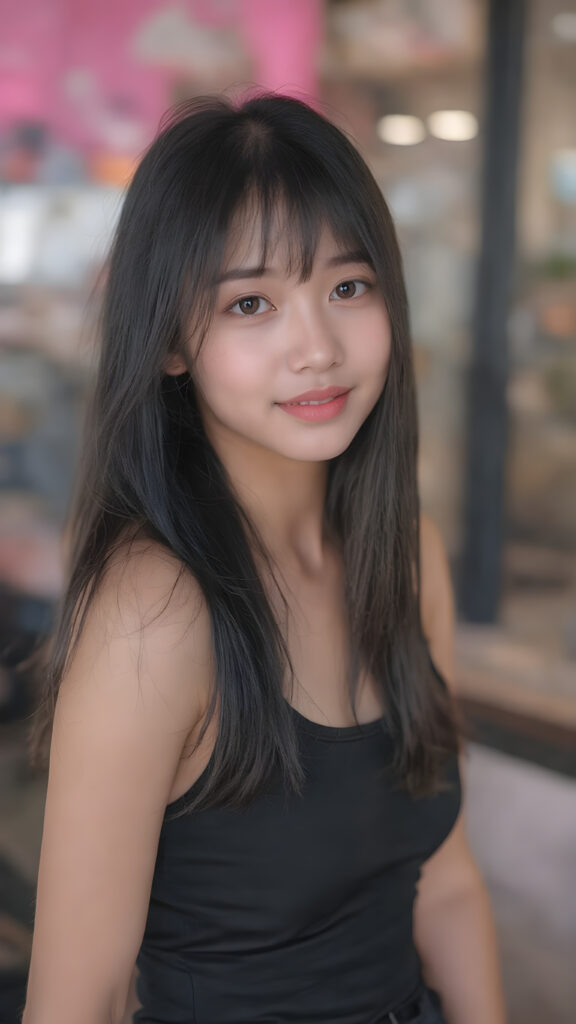 Create a (((stunningly gorgeous young Asian Korean girl))), with flowing, (((crystal-clear skin))), and (((adorable eyes))), ((black straight jet soft hair)), bangs, dressed in a sleek, (((black top))), paired with ((short shorts)), in a k-pop style, posed confidently with a warm smile