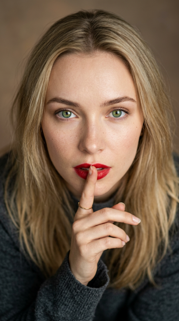 Create a photorealistic vertical 9:16 editorial beauty portrait of an adult young woman (clearly 21+) with long blonde hair and vivid green eyes, looking directly into the camera. She has smooth, fair porcelain skin, naturally full lips with her mouth slightly parted, and a calm, serene expression. She holds one index finger gently to her lips in a universal “quiet / shh” gesture. Peaceful, intimate atmosphere; soft diffused studio lighting with flattering catchlights; realistic skin texture; subtle natural makeup; shallow depth of field; elegant neutral background; high-end fashion photography; sharp focus on the eyes; no text; no watermark.