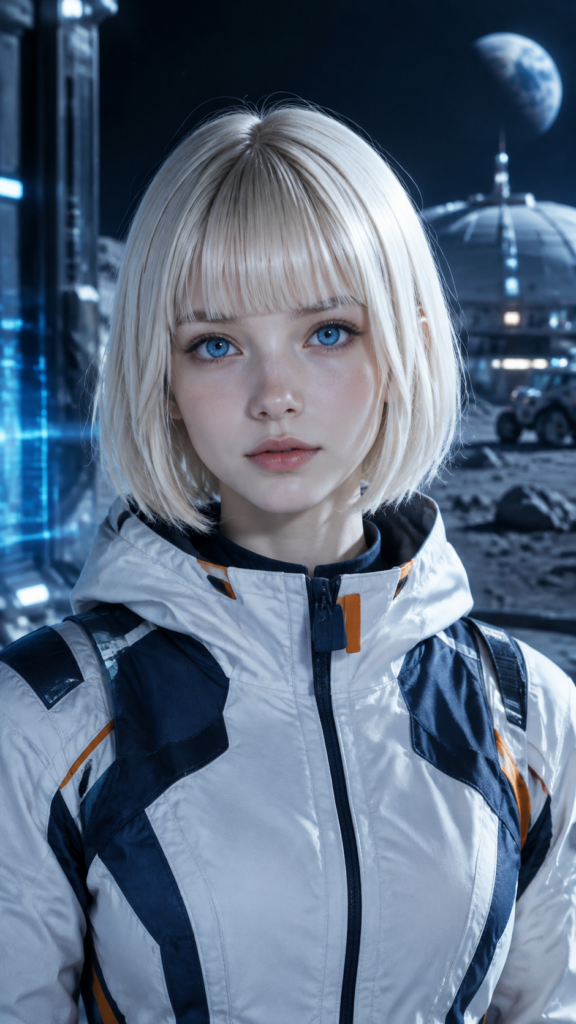 Ultra-realistic close-up cinematic portrait, platinum-blonde short bob haircut with blunt bangs, luminous large blue eyes, pale youthful synthetic-human complexion, gentle neutral expression. Wearing a white futuristic technical jacket with navy blue details and subtle orange accents. Dark sci-fi lunar base background, faint holographic blue light reflections, soft cool key light, extremely detailed facial features, realistic hair strands, shallow depth of field, professional cinematic photography, no text, no watermark.