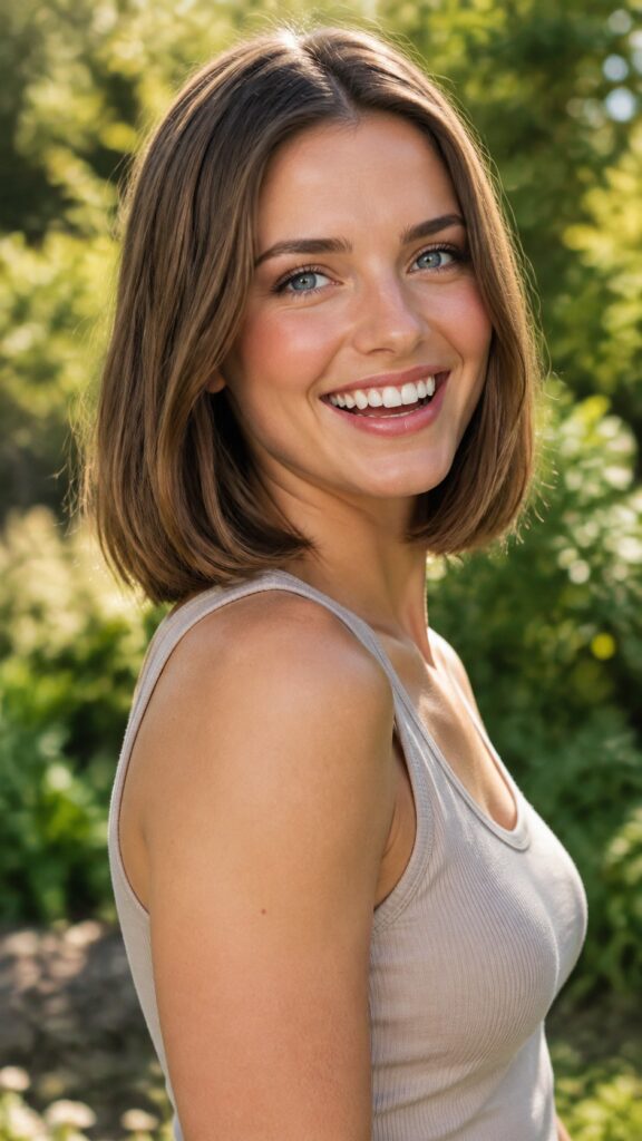 A photorealistic vertical 9:16 fashion-editorial portrait of a young adult woman outdoors, captured from a flattering three-quarter angle. She has long, perfectly straight, glossy chestnut-brown hair flowing elegantly over the front of her shoulders and upper torso. Her softly rounded, detailed face is turned gently toward the camera, with clear blue eyes and a relaxed, warm, confident expression. She wears a tasteful fitted neutral-toned tank top, casually styled and non-sexualized. Golden sunlight softly illuminates her smooth, healthy-looking skin, creating a natural sun-kissed glow. Sunny green garden backdrop with creamy bokeh foliage, warm late-afternoon light, realistic skin texture, refined natural makeup, cinematic lighting, shallow depth of field, sharp focus on the eyes, professional full-frame camera photography, high detail, natural anatomy.