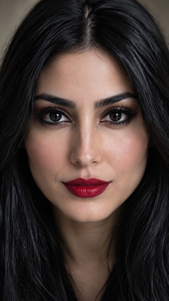 A beautiful Persian woman with dark, straight hair and jet-black eyes. Red lips. Focus on her face. Photo in 9:16