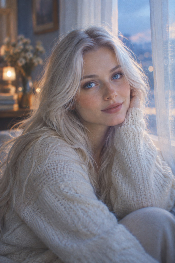A nostalgic, soft-focus photographic portrait of a young girl with silky, fine white hair gently framing her round, angelic face. She looks calmly toward the camera with luminous deep-blue eyes and a quiet, dreamy expression. Delicate natural features, a soft closed-mouth smile, healthy radiant skin, and gentle window light create a peaceful, innocent atmosphere. Muted pastel colors, subtle film grain, shallow depth of field, vintage analog-photo aesthetic, tasteful and age-appropriate portraiture.
