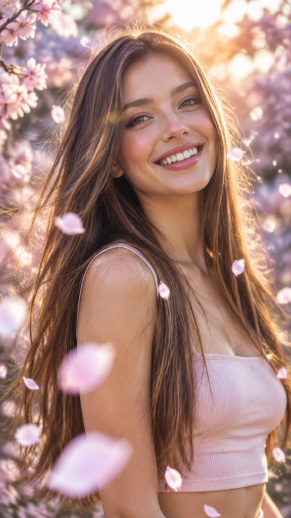 create me a photorealistic portrait from a close up portrait of an exuberant adult girl with a beaming, sunny smile that radiates warmth, dressed in a stylish, fitted pastel pink crop top that elegantly highlights her graceful curves. The scene is captured in a dreamy, ethereal style reminiscent of Impressionist paintings, with soft bokeh effects in the background. Her long, flowing straight hazelnut hair glistens in the sunlight, creating a halo effect around her face. Surrounding her are delicate cherry blossom petals gently falling in the breeze, adding a touch of whimsy and charm to the flawless portrait.