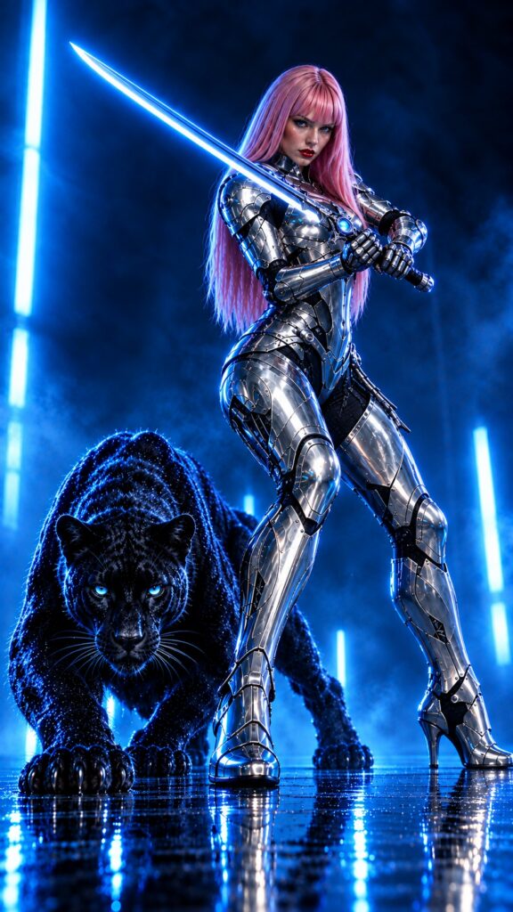 Ultra-realistic photograph, 9:16 vertical portrait orientation, full body shot of a young woman in her mid-twenties wearing sleek futuristic armor forged from polished platinum, articulated plates with brushed and mirror-finish surfaces catching cool reflections. Long straight pink hair falling evenly to the same length, blunt-cut bangs framing her face. Crystal-clear bright blue eyes, flawless smooth skin with natural pore detail, full plump red lips. Slight three-quarter side view, confident relaxed posture. Dark blue background lit by soft neon glow, subtle atmospheric haze, rim light separating the armor from the backdrop. Shot on 85mm lens, f/2.0, cinematic editorial lighting, high dynamic range, sharp focus, photorealistic skin texture, 8k detail.