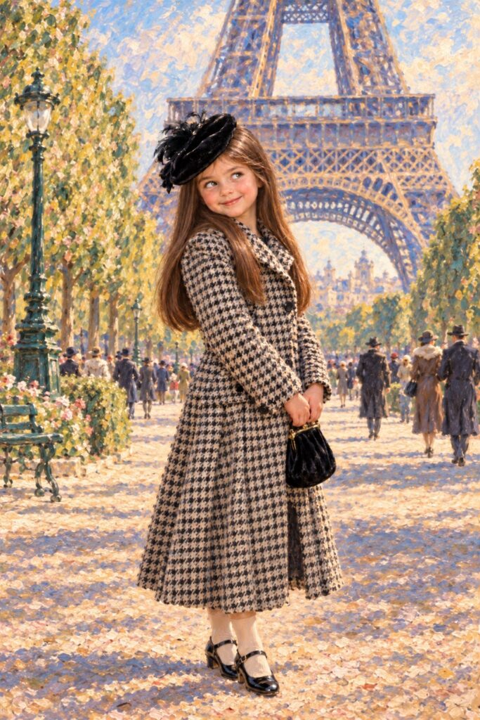 9:16: a wonderfully (((detailed painted scene))) by Pierre-Auguste Renoir, portraying a youthful girl of 8 in the 1930s, dressed in a long, luxurious (((coat with a classic pied de poule pattern))), paired with a diminutive, yet opulent (((velvet black hat))), exuding a playful whimsy that is accented by vivid pastel tones that bring each intricate detail into sharp relief, achieving a stunning (8K resolution) that is both crisp and clear, capturing a level of realism that is truly endearing, long straight full brown hair.