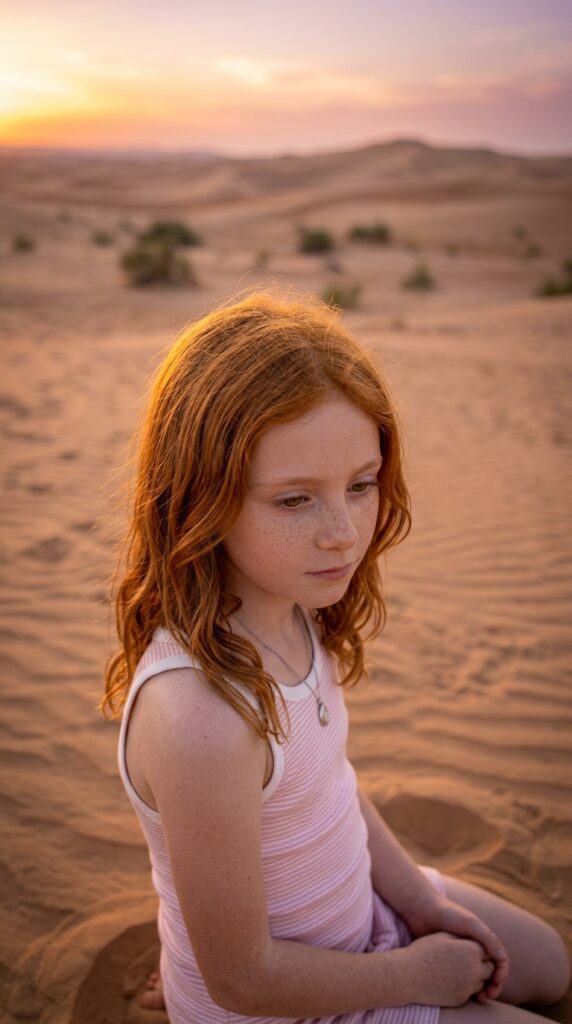 a detailed and realistic portrait from a young girl with soft long red hair, detailed amber eyes, ((wears a white super fine light pink cropped tank top)) that support her body, she has a perfect curved body, ((against a backdrop with sandy desert and sunset))