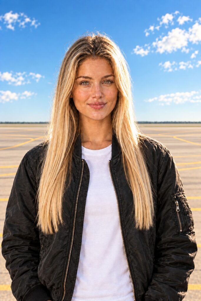 Photorealistic editorial portrait, 9:16. A young woman with long wavy blonde hair blowing gently in the wind, wearing a black bomber flight jacket over a plain white t-shirt. Low-angle three-quarter shot from slightly below and to the side; she is turned partly away and looks back over her shoulder into the camera with a soft, confident smile. She stands on a completely empty, wide-open airport tarmac with only painted yellow taxiway markings stretching to a flat distant horizon – no airplanes, no vehicles. Brilliant deep blue sky with a few soft white clouds. Perfect lighting: warm golden sunlight, soft rim light glowing in her hair, flattering skin tones, natural catchlights in the eyes. Shot on a full-frame camera, 35mm lens, f/2.8, cinematic color grading, high detail, realistic skin texture.