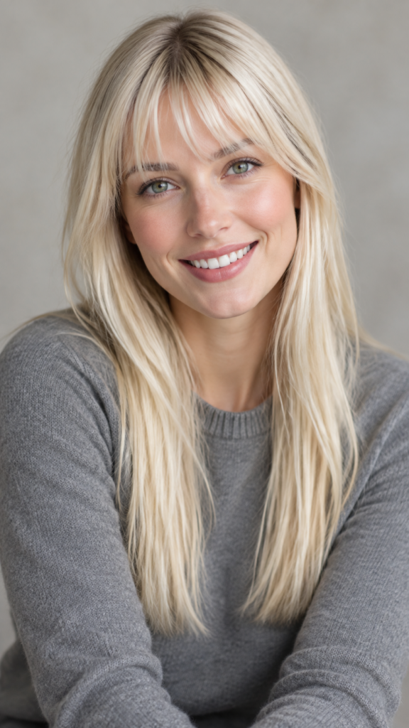 Mache mir ein 9:16 Portrait von einer jungen Frau mit langem, geradem und blondem Haar. Bangs. Sie hat makellose schöne und sanfte Haut, grüne Augen. Sie lächelt. Der Fokus ist auf ihrem Oberkörper. Sie trägt einen feinen grauen Wollpullover.