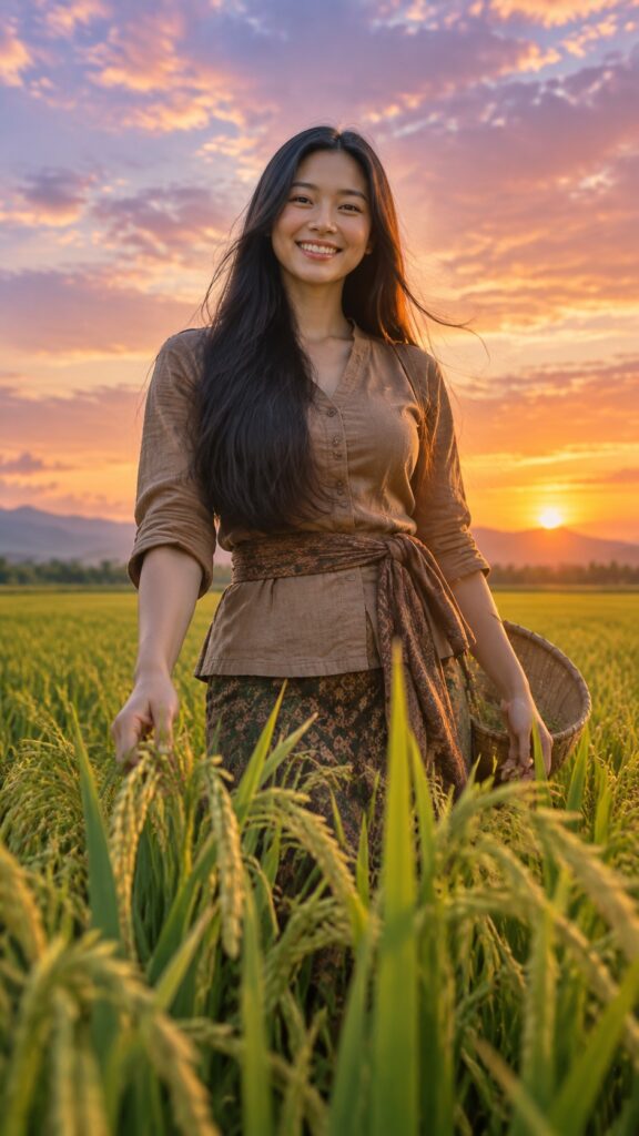 Photorealistic cinematic low-angle, front-facing portrait in a vertical 9:16 composition. A beautiful, happy young adult Asian woman stands in the middle of a vast rice field, photographed from below at the front. She faces the camera directly with a warm, genuine, joyful smile. Her long, glossy black hair falls naturally over her torso and moves gently in a soft breeze. She wears authentic, tasteful rural farming clothing in soft, natural earth tones—modest, detailed, and realistic. Tall rice plants fill the foreground and create depth, while the rice field stretches endlessly behind her toward the horizon. A breathtaking golden-hour sunset lights the scene with warm amber, blush-pink, and violet tones. Soft rim light outlines her hair, with cinematic depth of field, highly detailed natural skin texture, realistic fabric, atmospheric perspective, premium editorial photography, uplifting and sensual yet wholesome mood. No text, no watermark.