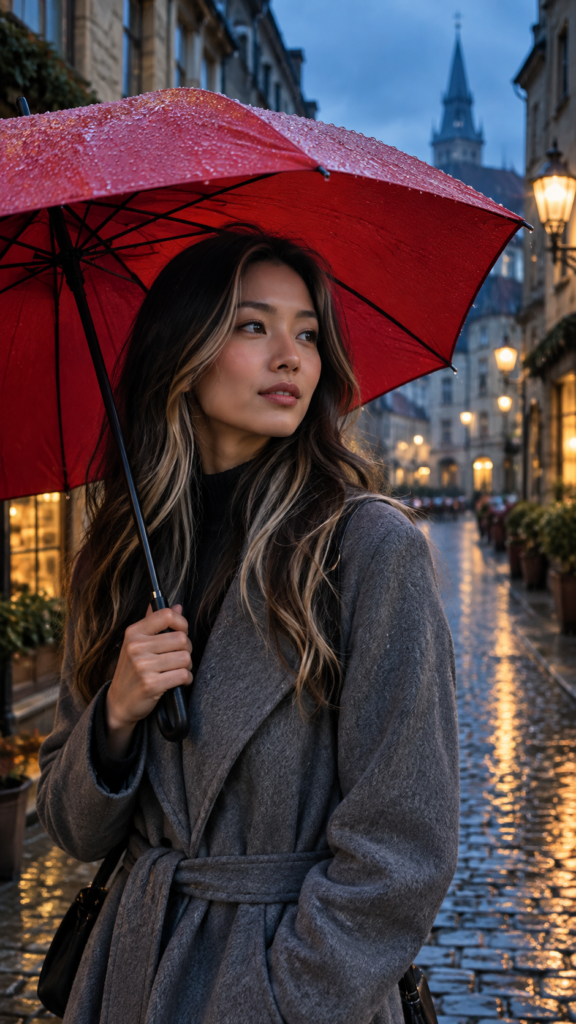 A young Asian girl with beautiful, long dark hair and blond highlights is standing in the rain holding a red umbrella and wears a grey fine coat. The picture has a peaceful feel to it. Portrait: 9:16