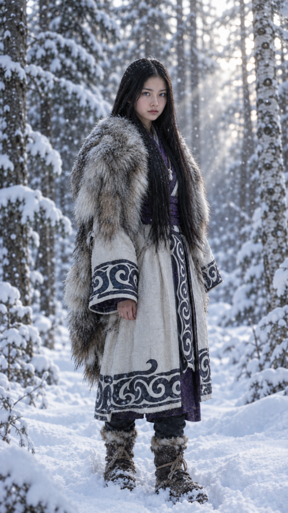 Asirpa wears a white Ainu robe made from bark called attus, complete with traditional swirling motif at the edges of the cloth over a purple band. Underneath she wears a purple kimono, which is tucked at the back. Asirpa wears dark leggings and deerskin boots called yukker. In cold weather Asirpa puts on a wolf fur mantle to cover herself in the wild. Long, straight black shiny hair falls down like a watherfall.