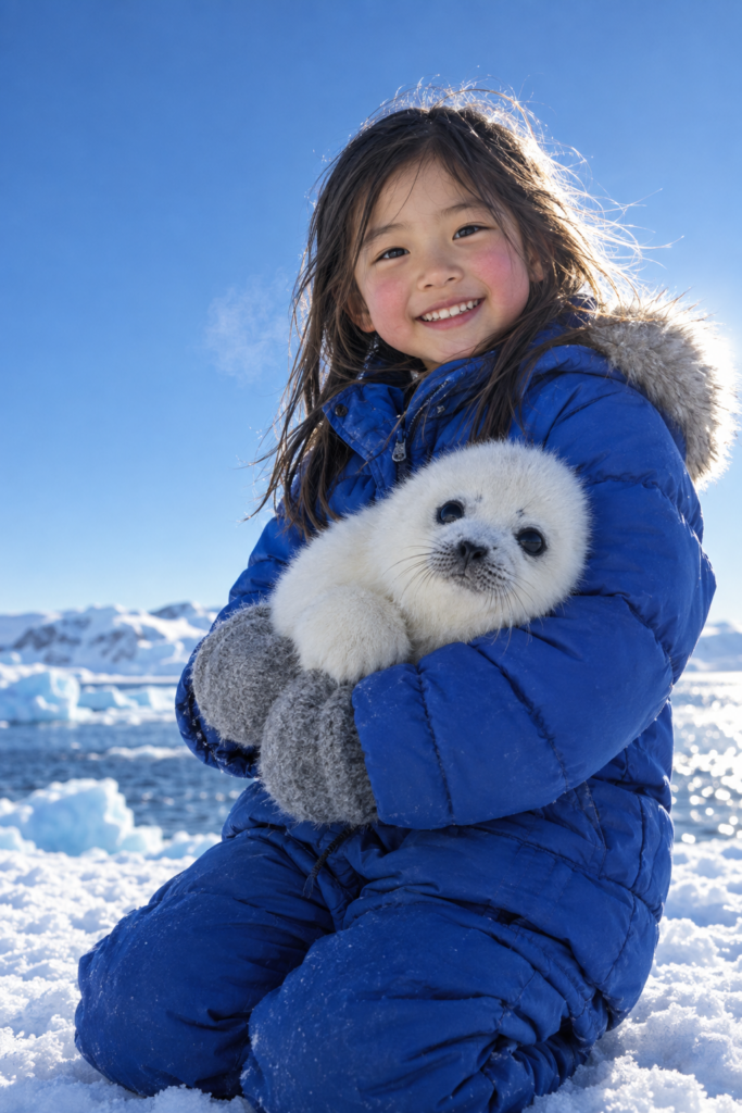 Photorealistic vertical portrait (9:16) of a cheerful little girl, about six years old, with light brown hair escaping from under a knitted hat, wearing a thick padded winter coat with a fur-trimmed hood. She kneels slightly forward on packed snow, gently cradling a young seal pup in her arms, both faces turned toward the camera; she smiles openly, cheeks flushed from the cold. Shallow depth of field on her face and the pup's wet fur, softly blurring the Antarctic coastline behind her: pale blue ice floes and dark, glittering sea water. Clear deep-blue sky, low polar sun from the left giving crisp directional light, long soft shadows and cool highlights on the ice. Natural skin texture with visible fine hair and breath vapor, damp sheen on the seal's coat, fabric texture on the coat visible. Palette limited to white, ice blue, and the warm accent of her coat. Shot like a 50mm documentary portrait at eye level, subject centered in the upper two-thirds of the frame, plenty of ice and sky around her.