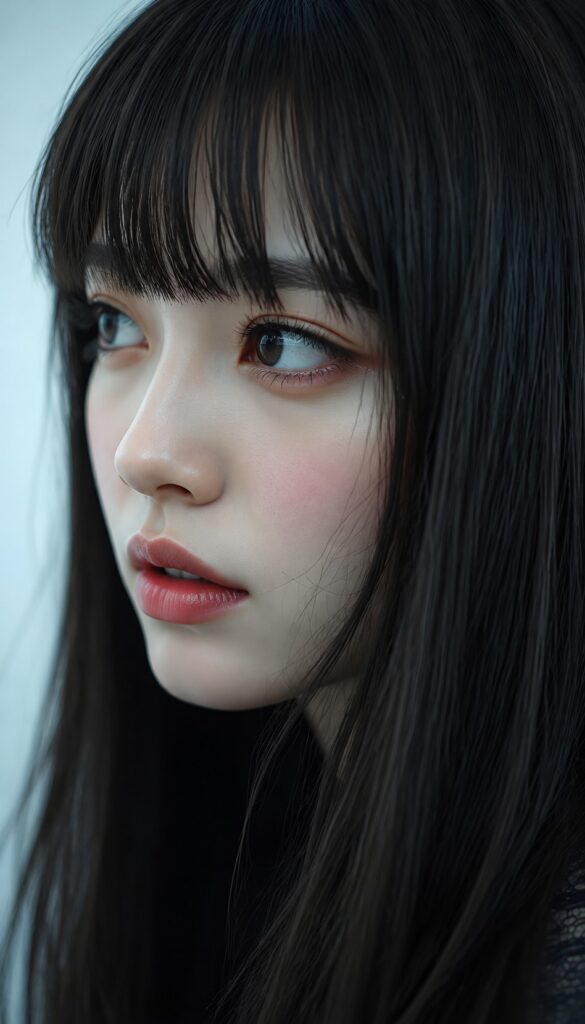 Create a photorealistic close-up portrait of an adult woman with long, straight black hair and bangs, shown in a three-quarter view facing the left side of the frame. Her head is turned approximately 45 degrees, with her nose pointing left and her eyes looking off-camera in the same direction. Both eyes remain visible, with the farther eye slightly foreshortened. Give her a soft, sensual expression, subtly lowered eyelids, and slightly parted lips. Render her skin naturally, with fine pores, delicate texture, subtle variations in skin tone, and realistic highlights. Avoid waxy smoothing, excessive retouching, and oversharpening. Her long black hair frames her face. Use soft, cool lighting and a pale blue background to create an intimate, understated atmosphere. Maintain a tight portrait crop in a vertical composition, without borders.