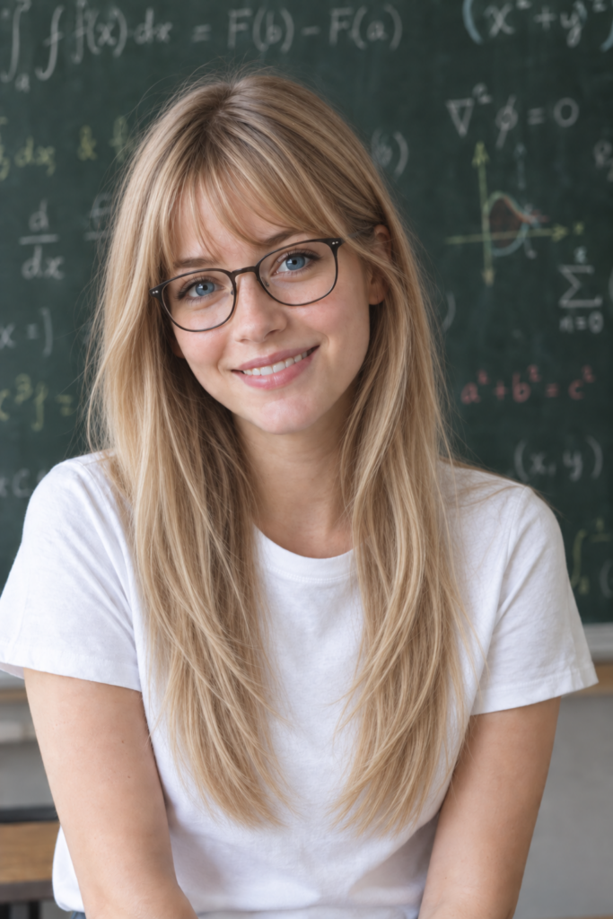 Hyper-realistic editorial portrait photograph of a young adult woman, about 22, a university student, with vibrant straight chestnut hair in a chin-length bob falling over her shoulders and delicate bangs framing her face. Deep blue eyes, bright and curious, catching a soft highlight. Clear luminous skin with visible natural texture and fine pores, no plastic retouching. Warm genuine smile. She wears a simple crisp white cotton t-shirt that contrasts with her hair. Waist-up framing, subject centered slightly left, shallow depth of field. Behind her a large dark green chalkboard covered in neatly handwritten mathematics in colored chalk, softly out of focus so it reads as texture and atmosphere. Soft diffused window light from the front left, gentle falloff, low contrast, no harsh shadows. 85mm lens look, natural color, muted academic palette of chalk white, chestnut, deep green. Calm, intelligent, approachable mood.