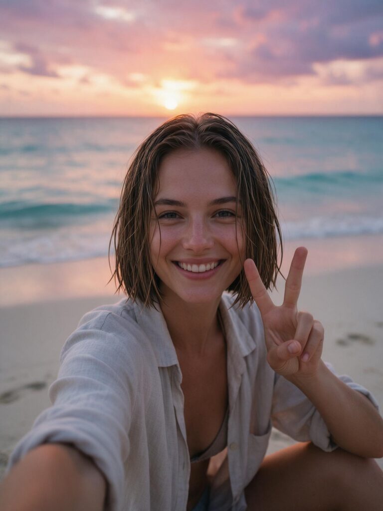 A realistic photo in 3:4 shows a young woman with long hair on a secluded sandy beach. In the background, you can see the ocean and a beautiful sunset. The young woman is taking a selfie, making the victory sign with her fingers. She is smiling.